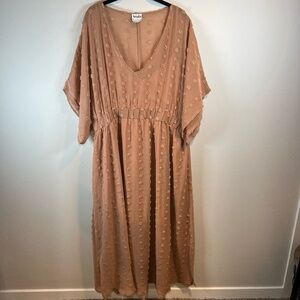 Arula Nadia Swiss Dot Maxi Dress Tan Slip Lined V-Neck Semi Sheer Boho  Sz C/3XL